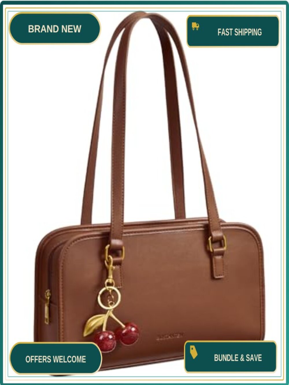 Vegan Leather Hobo Shoulder Bag with Cherry Charm
